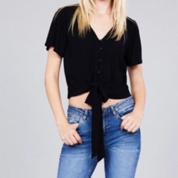 Cropped Tie Front Top - Picture 2 of 8